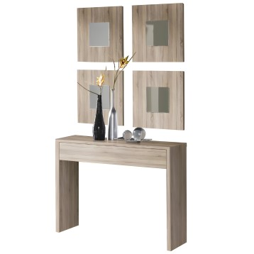 Consola madera clara con cajón y cuatro espejos cuadrados en tablero de madera con insertos de vidrio espejo