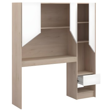 Cama con dosel de madera clara y estantes laterales integrados con cajonera blanca