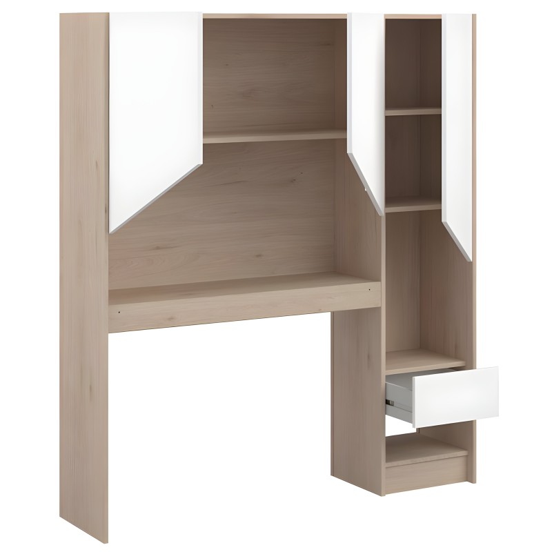 Cama con dosel de madera clara y estantes laterales integrados con cajonera blanca