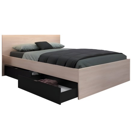Cama con estructura en madera clara y cajones de almacenamiento negro incluidos y ropa de cama en tonos grises y negros