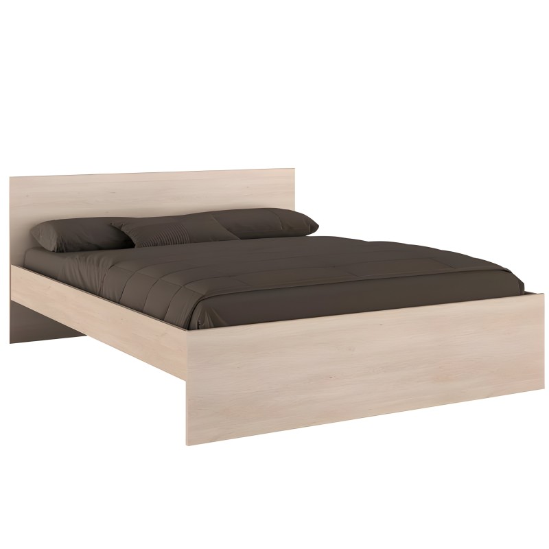 Cama de madera clara con cabecero y respaldo tapizado en beige y sábanas gris oscuro
