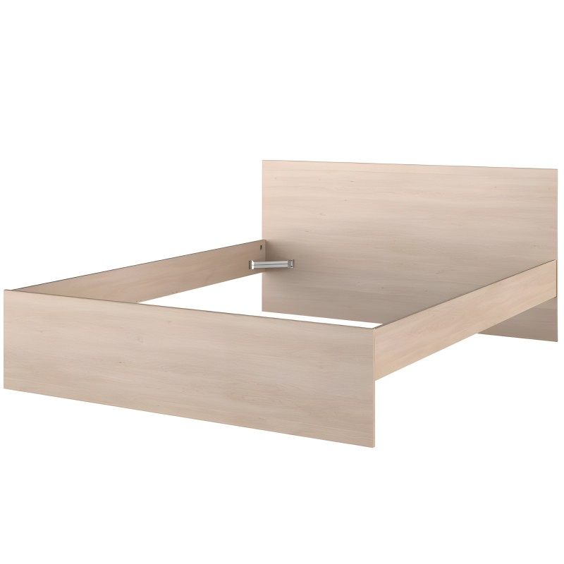 Cama de madera clara con estructura de listones y herrajes metálicos vista frontal y lateral