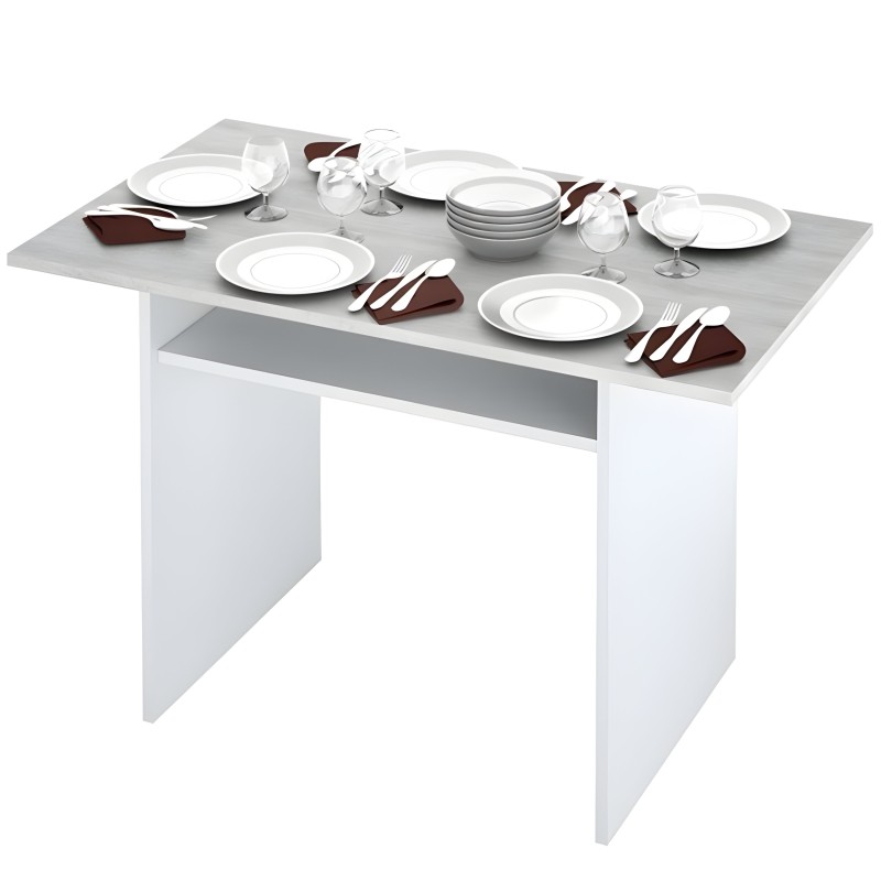Mesa de comedor rectangular blanca y gris con cubierta gris y servicio de mesa decorativo