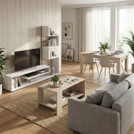 Ambiente de salón moderno con sofá gris claro y mesa de centro en madera clara con estante inferior