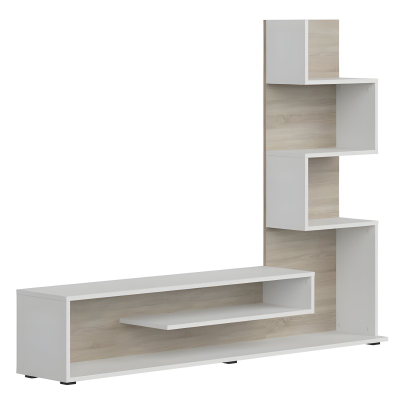 Mueble TV modular blanco y madera con estantes escalonados y compartimentos abiertos