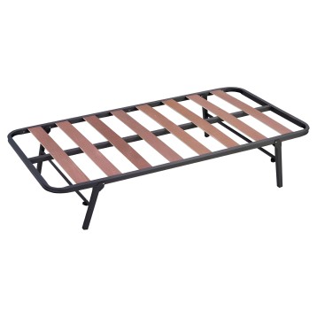 Somier metálico con estructura negra y láminas de madera color castaño plegable