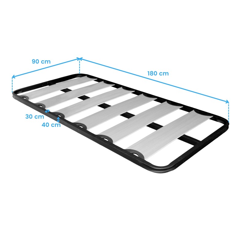 Base de cama con estructura negra y láminas grises y blancas vista en perspectiva con medidas