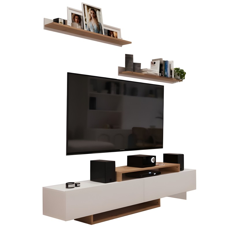 Conjunto de mueble TV modular con estantes flotantes madera y blanco inferior con televisor y accesorios decorativos