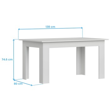 Mesa de comedor rectangular blanca con patas de madera maciza y superficie lisa vista en perspectiva
