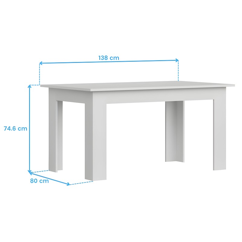 Mesa de comedor rectangular blanca con patas de madera maciza y superficie lisa vista en perspectiva