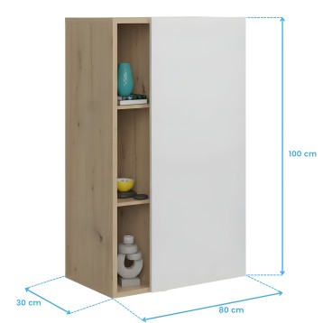 Estantería vertical de madera clara con compartimentos abiertos y puerta blanca abatible
