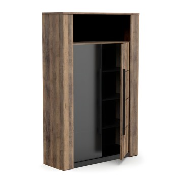 Armario alto de madera con puerta y estante interior compartimentos negros y acabado roble envejecido
