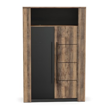 Armario alto en madera clara y negro con puerta y estantes abiertos laterales en vista frontal
