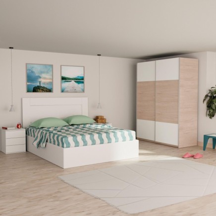 Dormitorio completo con cama blanca y armario corredera blanco y madera natural en ambiente moderno