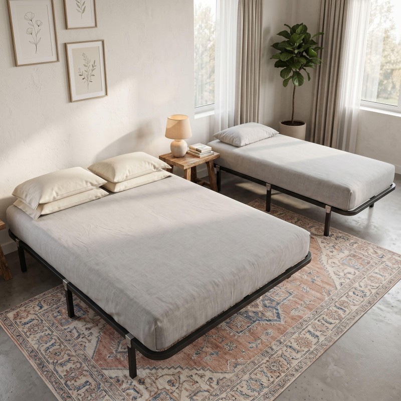 Dos camas individuales con estructura metálica negra y colchones grises claro en dormitorio con mesita de madera y lámpara cerám