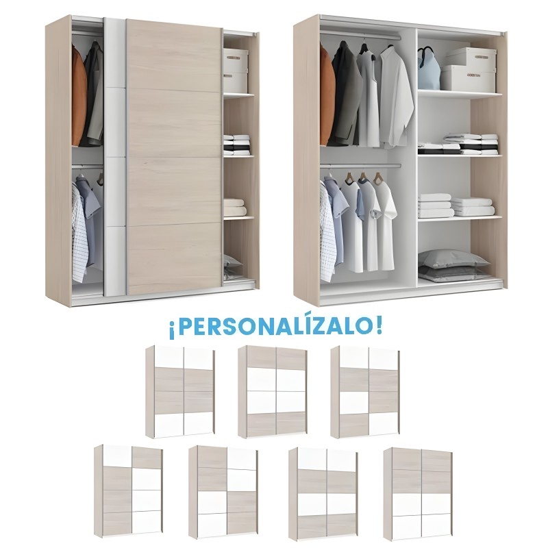 Armario empotrable de madera clara con puertas correderas y interior modular con barras y estantes para ropa y complementos