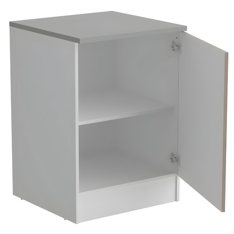 Mueble bajo cocina blanco con puerta abatible y estante interior visible
