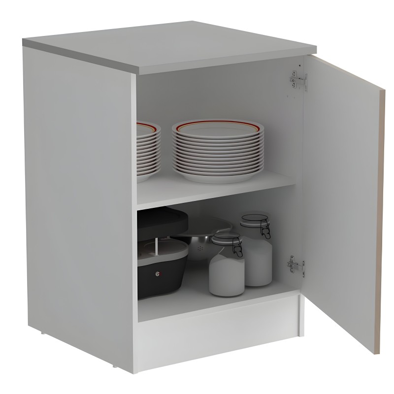 Mueble auxiliar gris con puerta abatible y dos estantes interiores con vajilla y utensilios de cocina