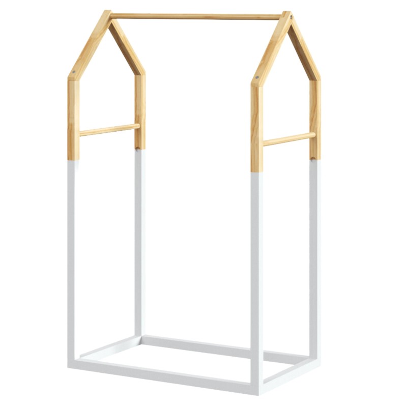 Estructura de cama infantil con forma de casita en madera natural y base blanca vista frontal