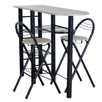 Conjunto de mesa alta ovalada en madera clara con estructura negra y dos taburetes altos plegables con respaldo curvo