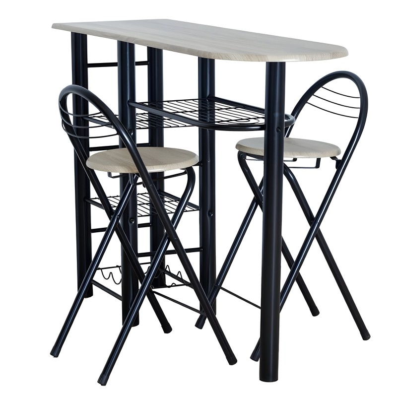 Conjunto de mesa alta ovalada en madera clara con estructura negra y dos taburetes altos plegables con respaldo curvo