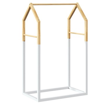 Estructura de cama infantil en forma de casita con marco de madera natural y patas blancas