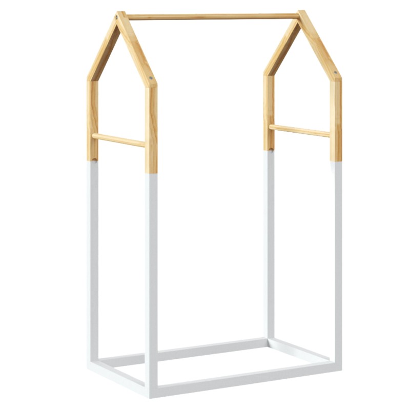 Estructura de cama infantil en forma de casita con marco de madera natural y patas blancas