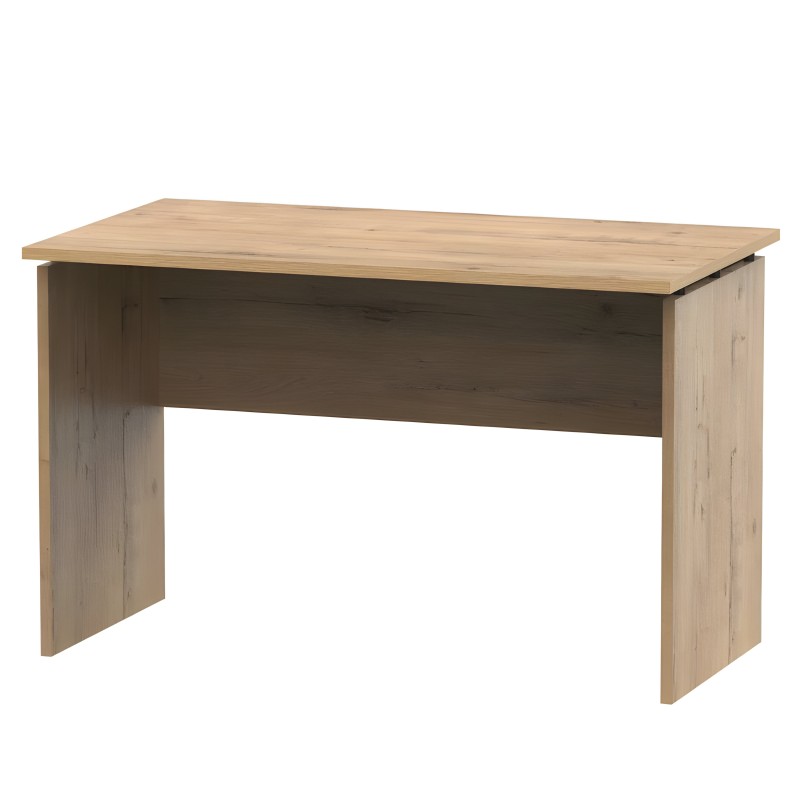 Escritorio de madera clara con tablero superior y frente en tonos naturales y oscuros
