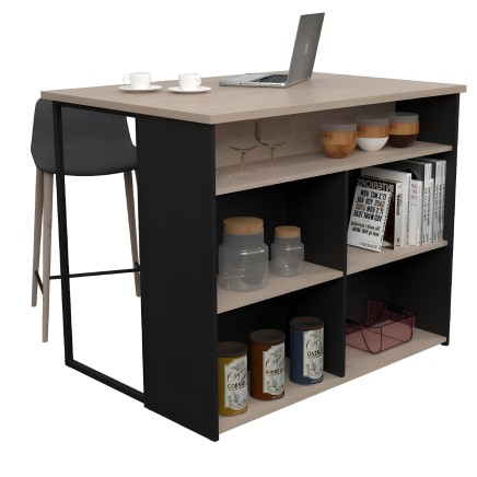 Isla de cocina con encimera beige y estructura negra con estantes de almacenamiento y taburete gris