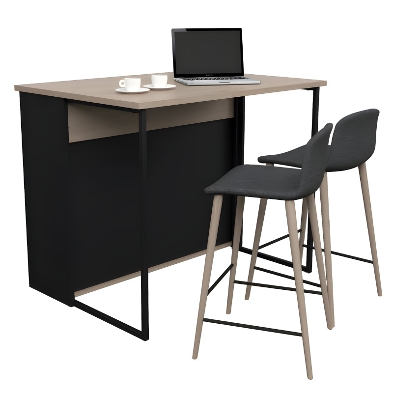 Isla de cocina con taburete de tela negra y patas de madera en ambiente de trabajo