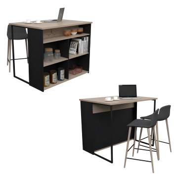 Isla de cocina con almacenamiento negro y madera con taburetes altos y sillas negras incluidas
