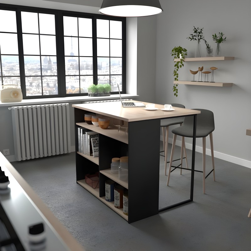 Mesa de cocina isla negra y madera con almacenamiento y taburete en ambiente moderno