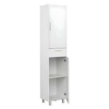 Armario alto blanco con puertas superiores y compartimentos abiertos inferiores con estantes ajustables