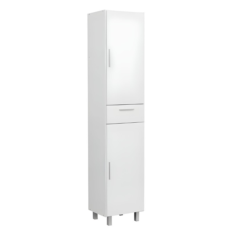 Armario alto blanco con puerta superior y dos cajones centrales y puerta inferior con tirador metálico