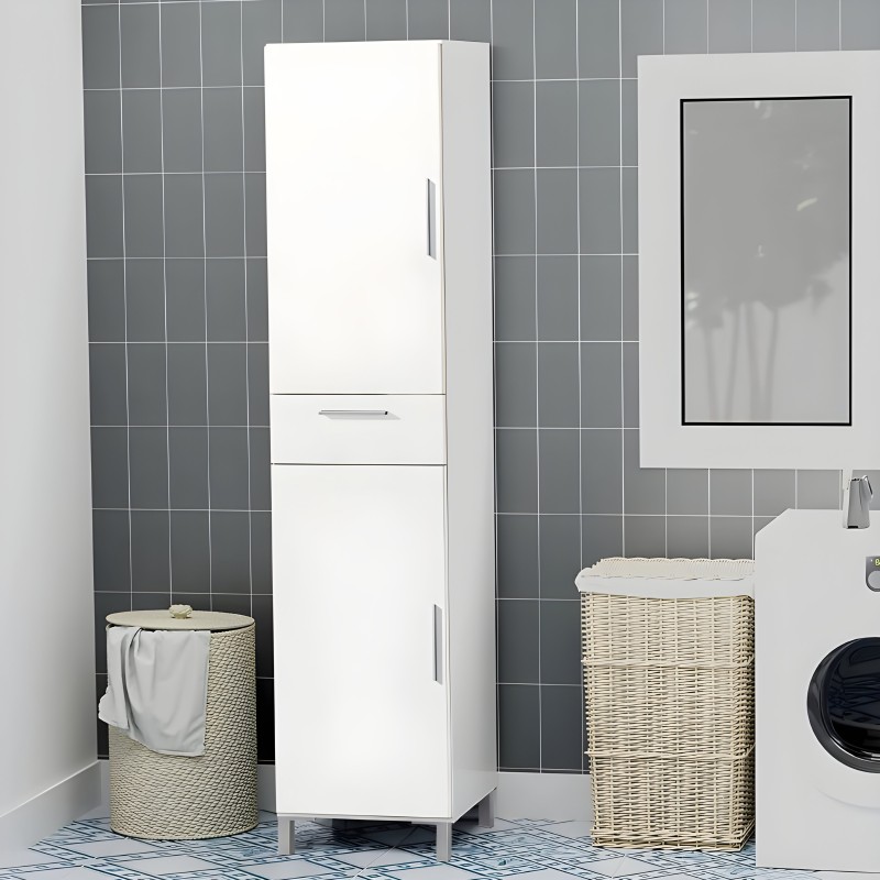 Armario de baño blanco con puertas y cajones en ambiente de cuarto de baño con azulejos grises