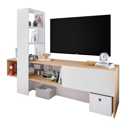 Mueble TV modular blanco y madera natural con estantes abiertos y cajones cerrados en ambiente de sala