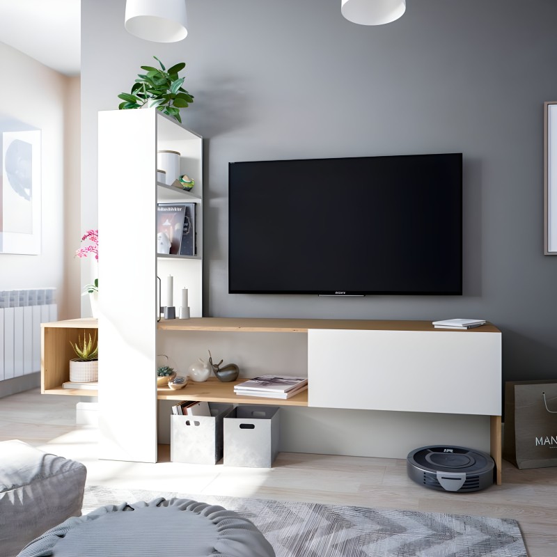 Mueble TV moderno blanco y madera con estantes abiertos y almacenaje en sala de estar