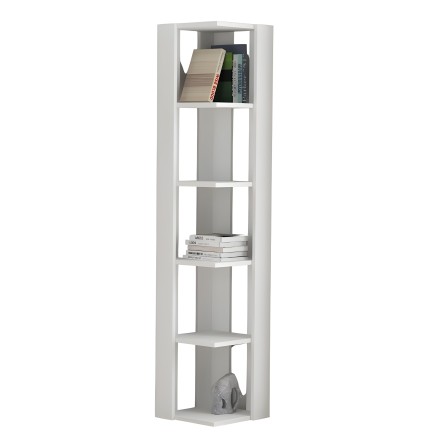 Estantería vertical blanca con cinco compartimentos abiertos para libros y objetos decorativos