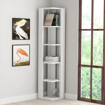 Estantería esquinera blanca con 5 compartimentos abiertos para libros y decoración en ambiente salón