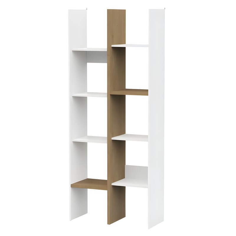 Estantería modular vertical blanca y madera con seis estantes asimétricos y columna central en tono nogal