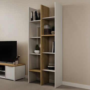 Estantería alta modular con estructura blanca y divisiones en madera natural y blanco con múltiples compartimentos para libros y