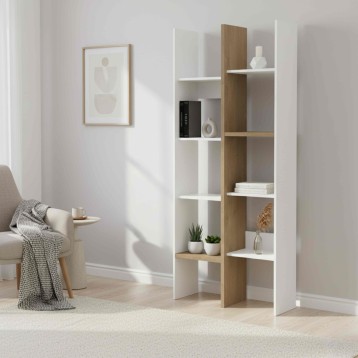 Estantería alta modular blanco y madera con múltiples compartimentos y decoración en salón