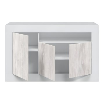 Mueble bajo blanco con puertas abatibles en tonos madera clara y estantes interiores abiertos