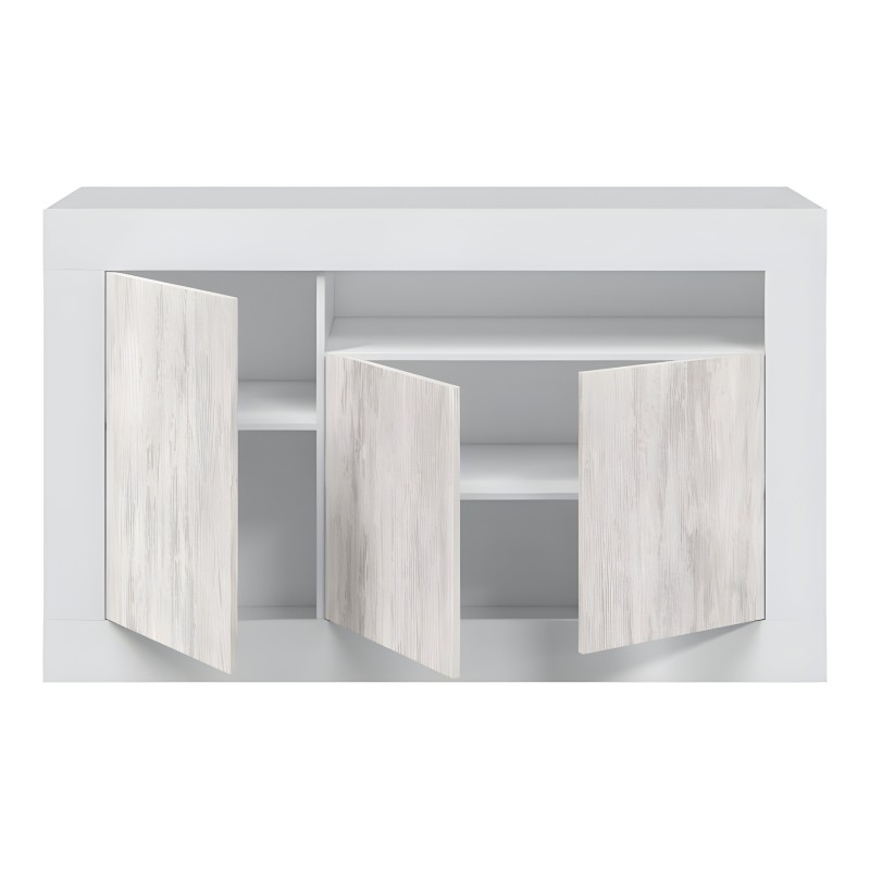 Mueble bajo blanco con puertas abatibles en tonos madera clara y estantes interiores abiertos