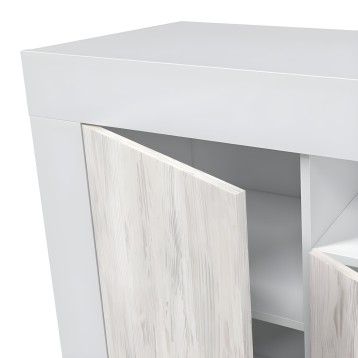 Mueble auxiliar blanco con puertas en madera clara y textura de veta natural y estantes interiores visibles