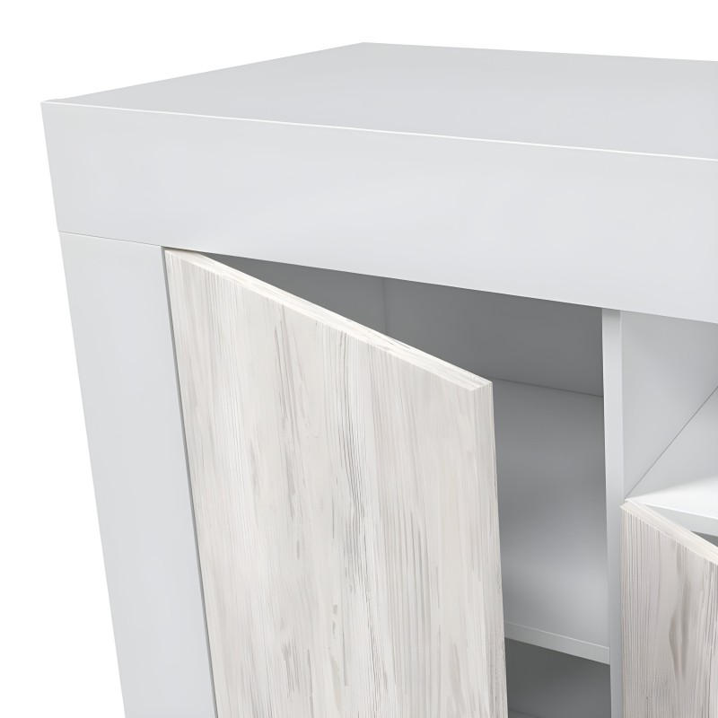Mueble auxiliar blanco con puertas en madera clara y textura de veta natural y estantes interiores visibles
