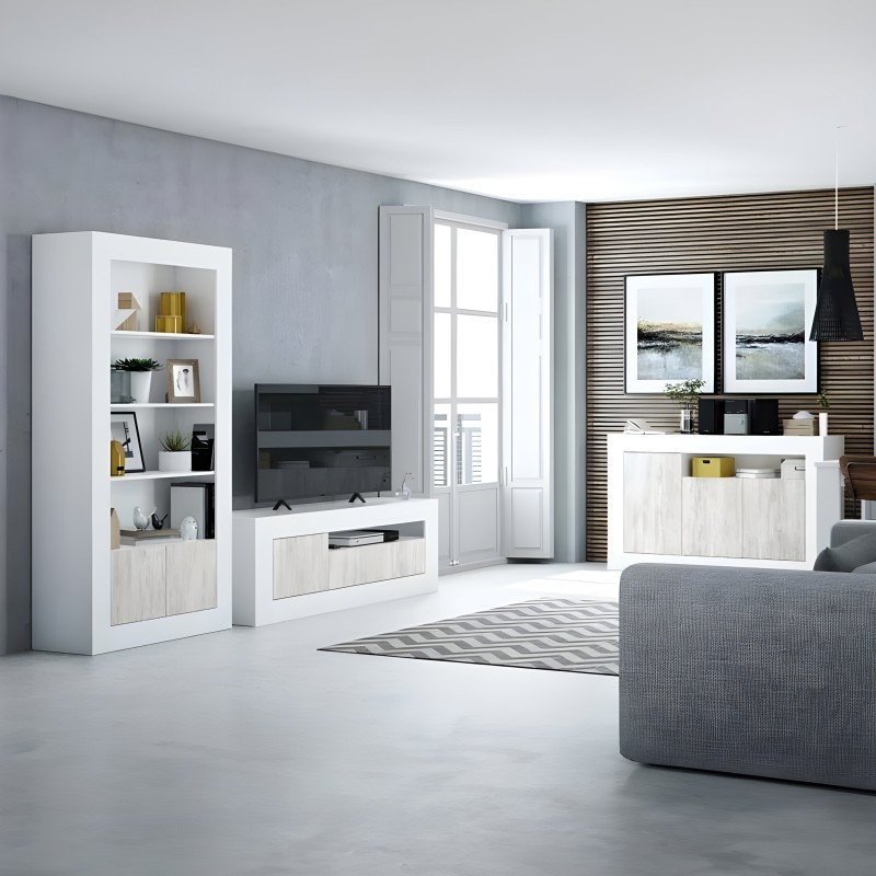Salón completo con mueble TV blanco y madera clara con estantes abiertos y módulo bajo para televisor