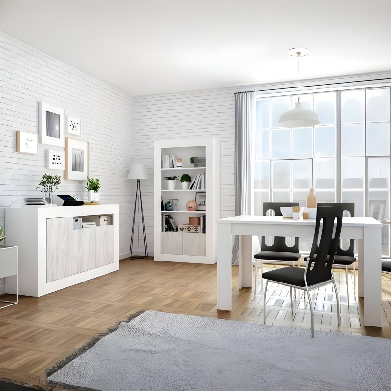 Mesa de comedor blanca rectangular con sillas negras en ambiente de sala moderno y luminoso