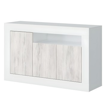 Aparador blanco con puertas efecto madera clara y estante superior abierto