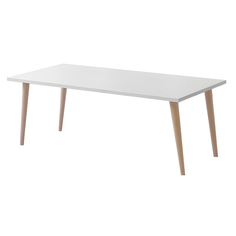 Mesa comedor rectangular tablero blanco y patas madera natural estilo nórdico